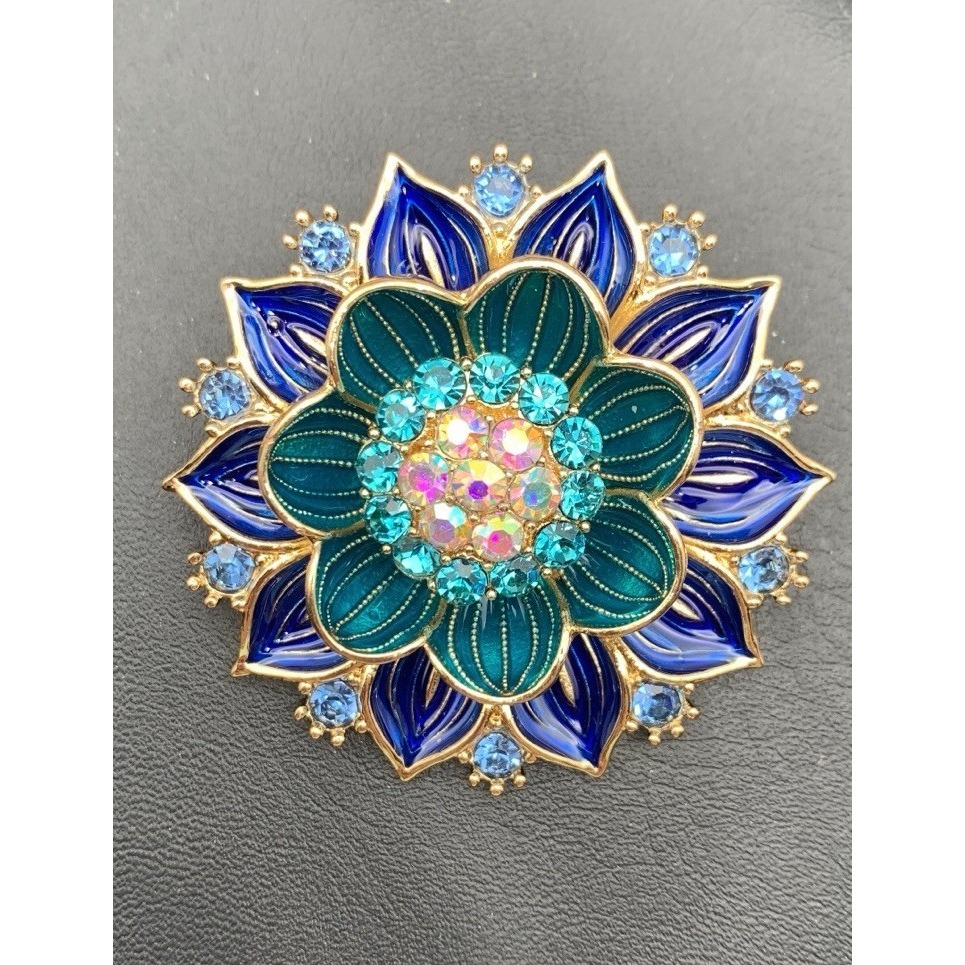 Gorgeous Gold Tone Blue Enamel And Rhinestone Large Flower Brooch